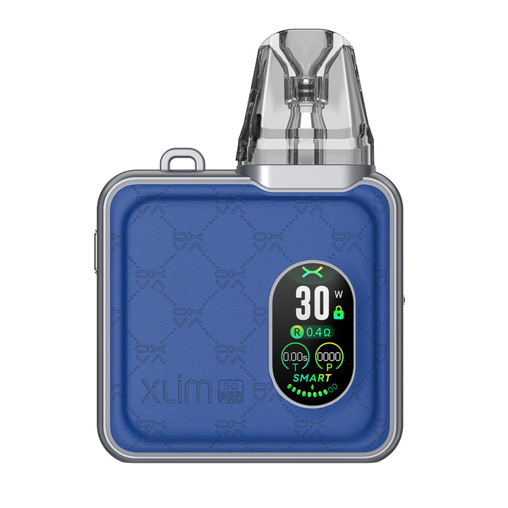 XLIM SQ PRO vape device in stylish blue leather, with an improved exterior design, enhanced power, and a larger battery for extended use