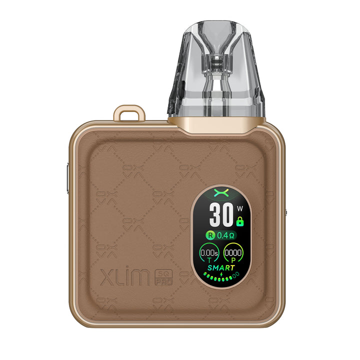 XLIM SQ PRO vape device in elegant brown leather, featuring a revamped design, more power, and a larger battery for superior performance
