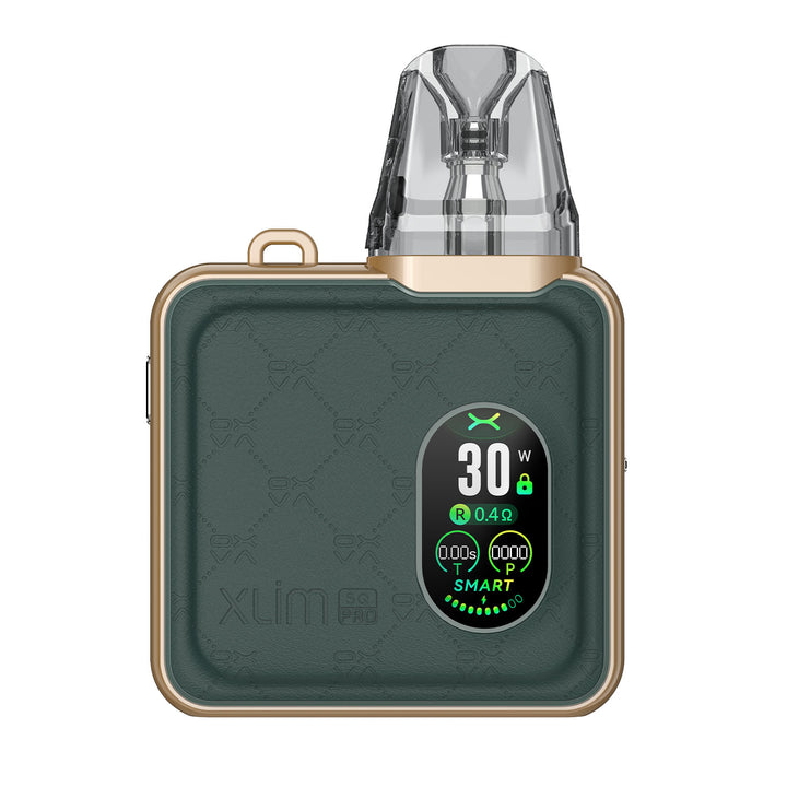 XLIM SQ PRO vape device in a sleek green leather, with a new exterior design, increased power, and larger battery for an enhanced vaping experience